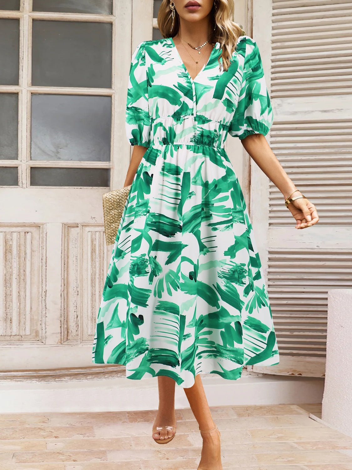 Ruched Printed Surplice Short Sleeve Dress - GirlyBayMaxi DressesRuched Printed Surplice Short Sleeve Dress100100588441765STurquoiseGirlyBayRuched Printed Surplice Short Sleeve Dress