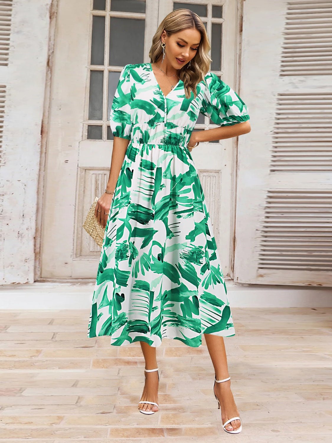 Ruched Printed Surplice Short Sleeve Dress - GirlyBayMaxi DressesRuched Printed Surplice Short Sleeve Dress100100588441765STurquoiseGirlyBayRuched Printed Surplice Short Sleeve Dress