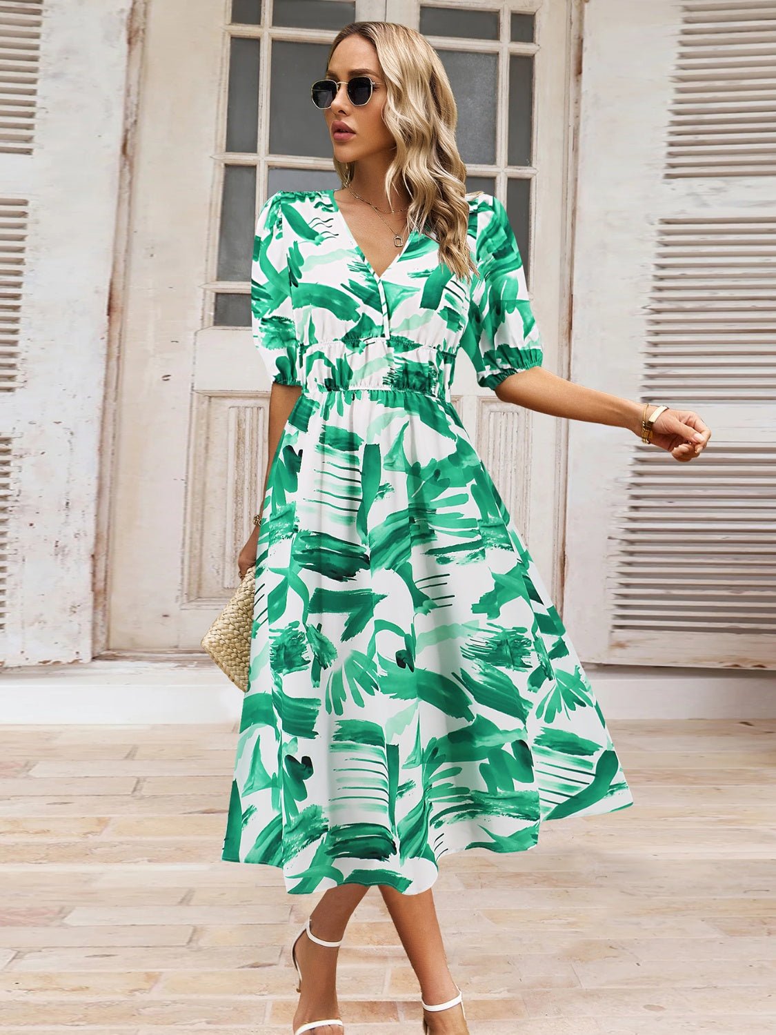 Ruched Printed Surplice Short Sleeve Dress - GirlyBayMaxi DressesRuched Printed Surplice Short Sleeve Dress100100588441765STurquoiseGirlyBayRuched Printed Surplice Short Sleeve Dress