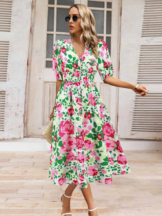 Ruched Printed Surplice Short Sleeve Dress - GirlyBayMaxi DressesRuched Printed Surplice Short Sleeve Dress100100588441802SPinkGirlyBayRuched Printed Surplice Short Sleeve Dress