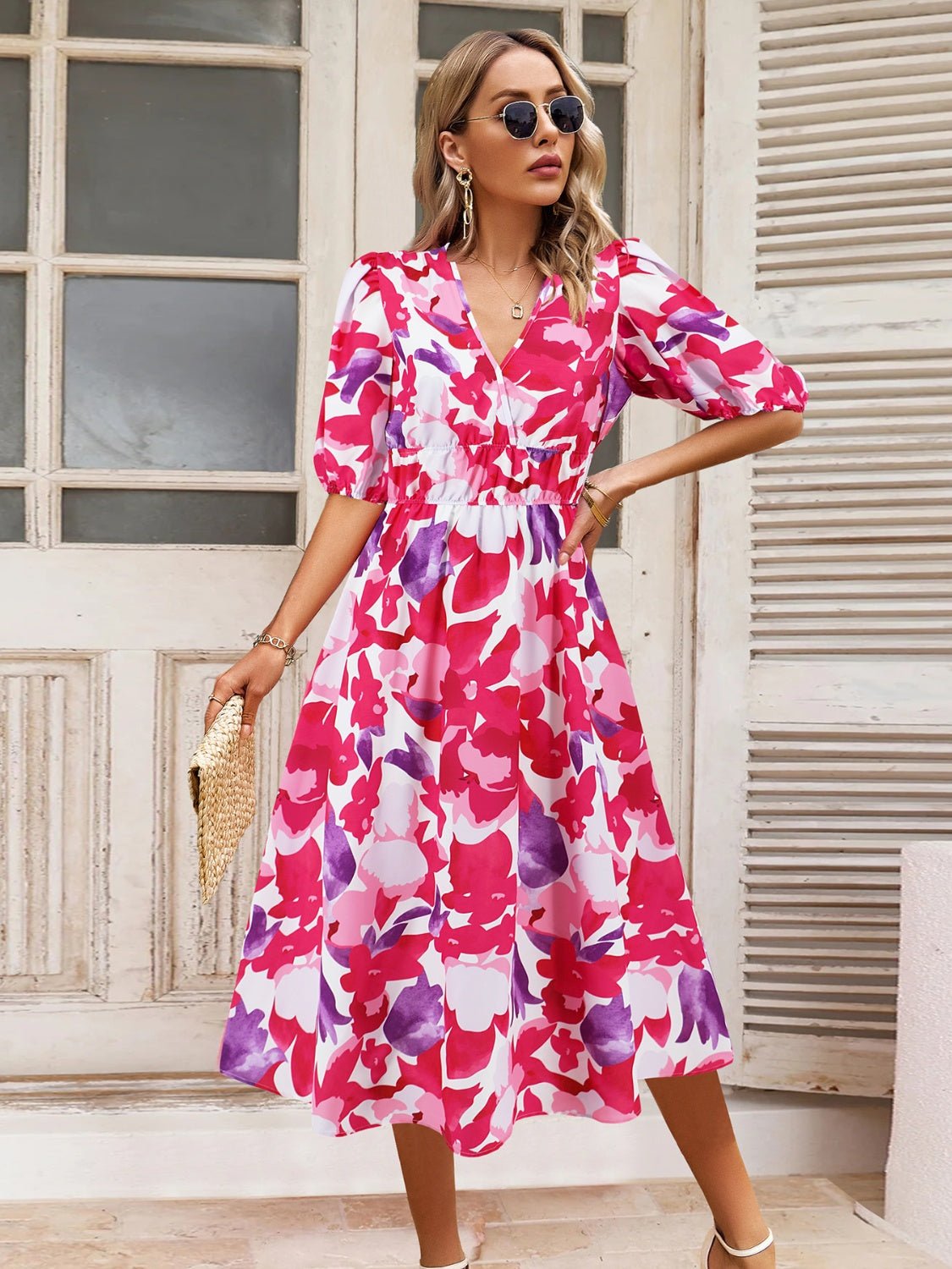 Ruched Printed Surplice Short Sleeve Dress - GirlyBayMaxi DressesRuched Printed Surplice Short Sleeve Dress100100588442152SHot PinkGirlyBayRuched Printed Surplice Short Sleeve Dress