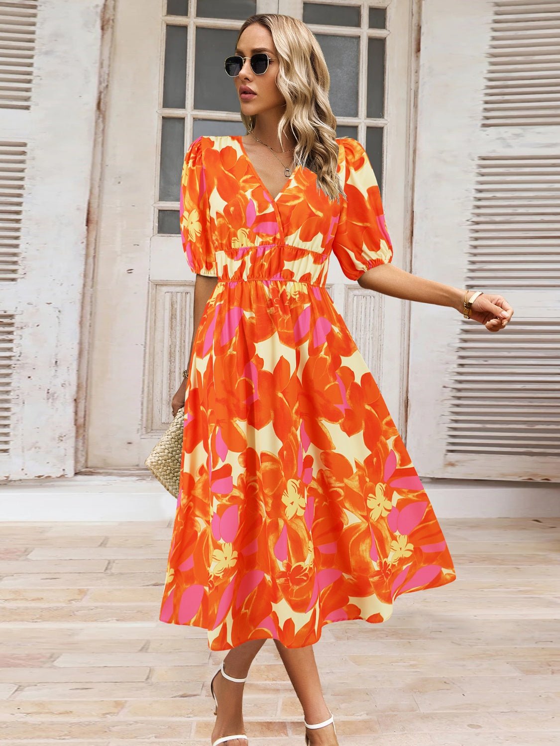 Ruched Printed Surplice Short Sleeve Dress - GirlyBayMaxi DressesRuched Printed Surplice Short Sleeve Dress100100588445214SOrangeGirlyBayRuched Printed Surplice Short Sleeve Dress