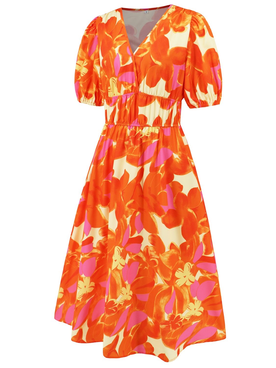 Ruched Printed Surplice Short Sleeve Dress - GirlyBayMaxi DressesRuched Printed Surplice Short Sleeve Dress100100588445214SOrangeGirlyBayRuched Printed Surplice Short Sleeve Dress