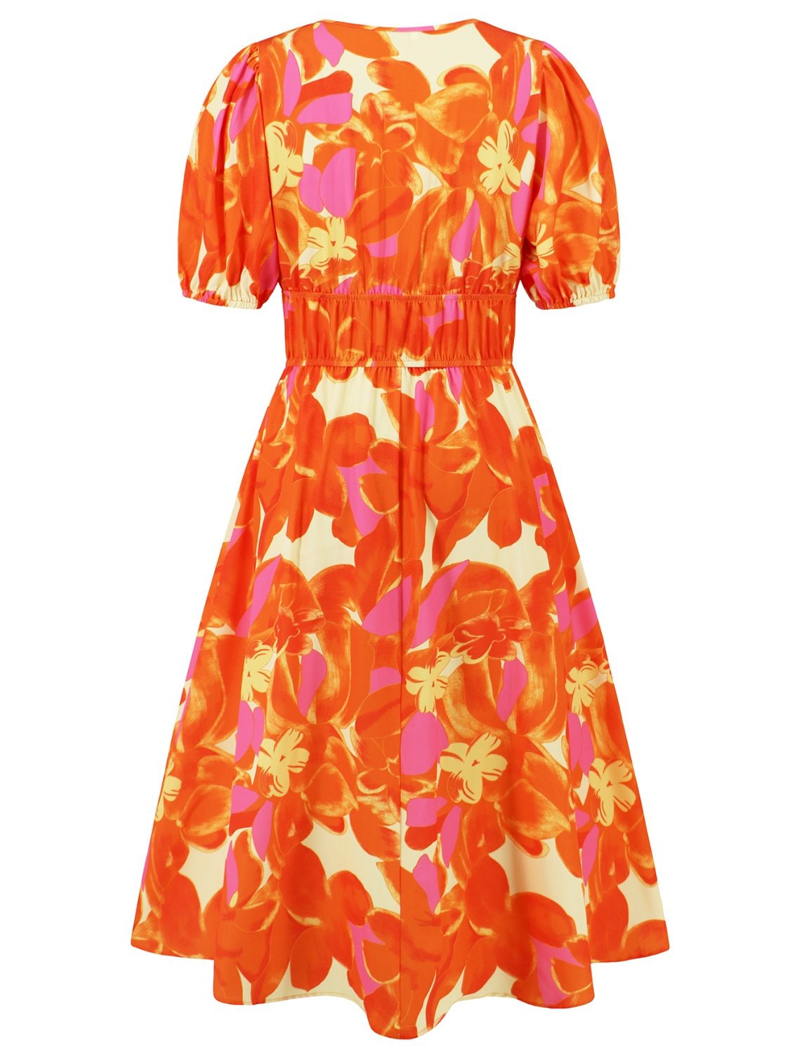 Ruched Printed Surplice Short Sleeve Dress - GirlyBayMaxi DressesRuched Printed Surplice Short Sleeve Dress100100588445214SOrangeGirlyBayRuched Printed Surplice Short Sleeve Dress