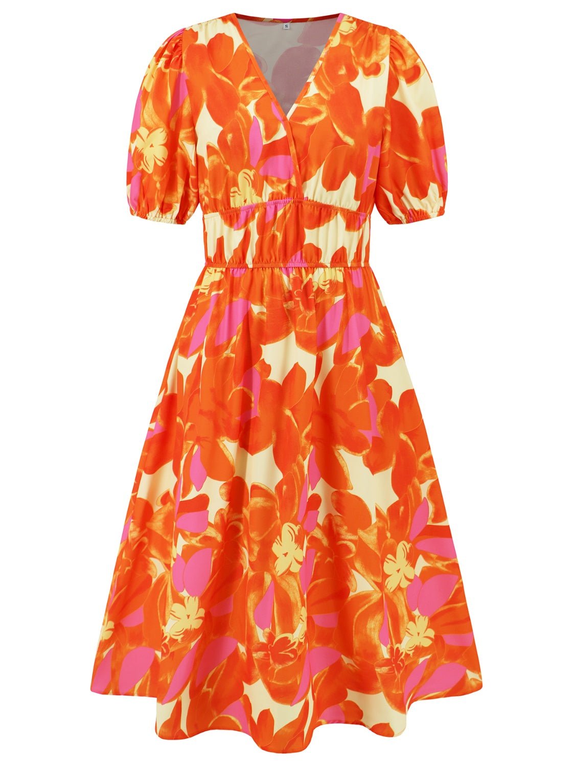 Ruched Printed Surplice Short Sleeve Dress - GirlyBayMaxi DressesRuched Printed Surplice Short Sleeve Dress100100588445214SOrangeGirlyBayRuched Printed Surplice Short Sleeve Dress