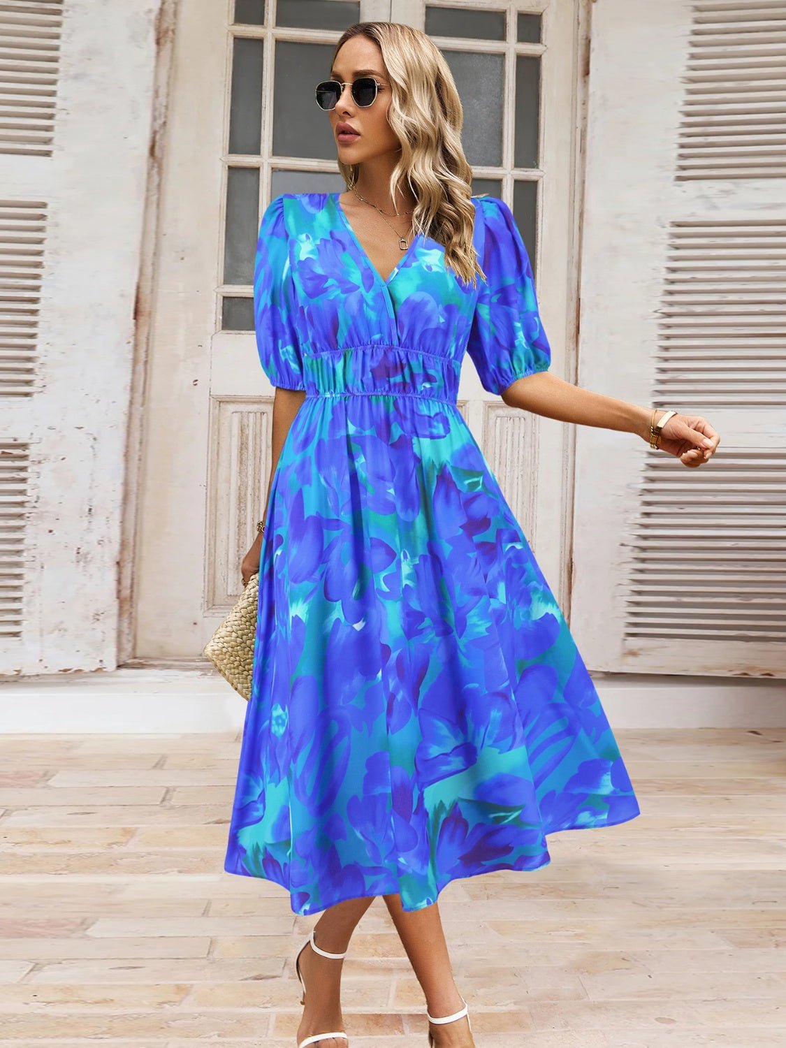 Ruched Printed Surplice Short Sleeve Dress - GirlyBayMaxi DressesRuched Printed Surplice Short Sleeve Dress100100588449599SRoyal BlueGirlyBayRuched Printed Surplice Short Sleeve Dress