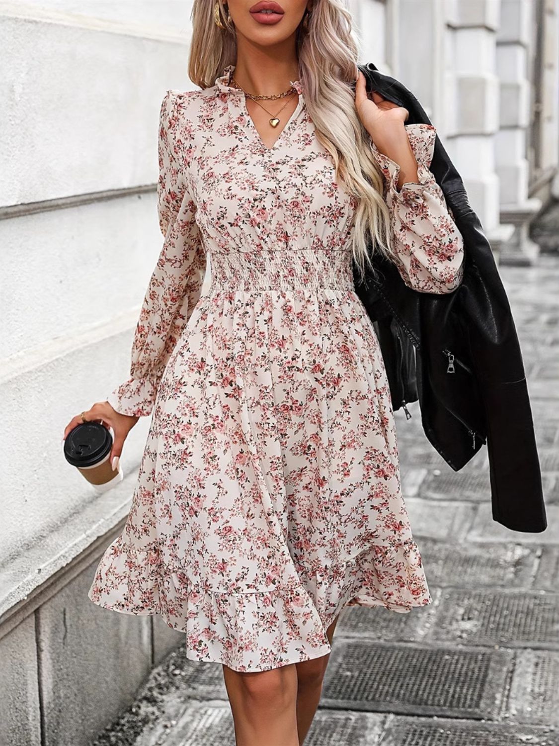 Ruffle Hem Floral Surplice Long Sleeve Dress - GirlyBayRuffle Hem Floral Surplice Long Sleeve Dress100100784547610SWatermelon pinkGirlyBayRuffle Hem Floral Surplice Long Sleeve Dress