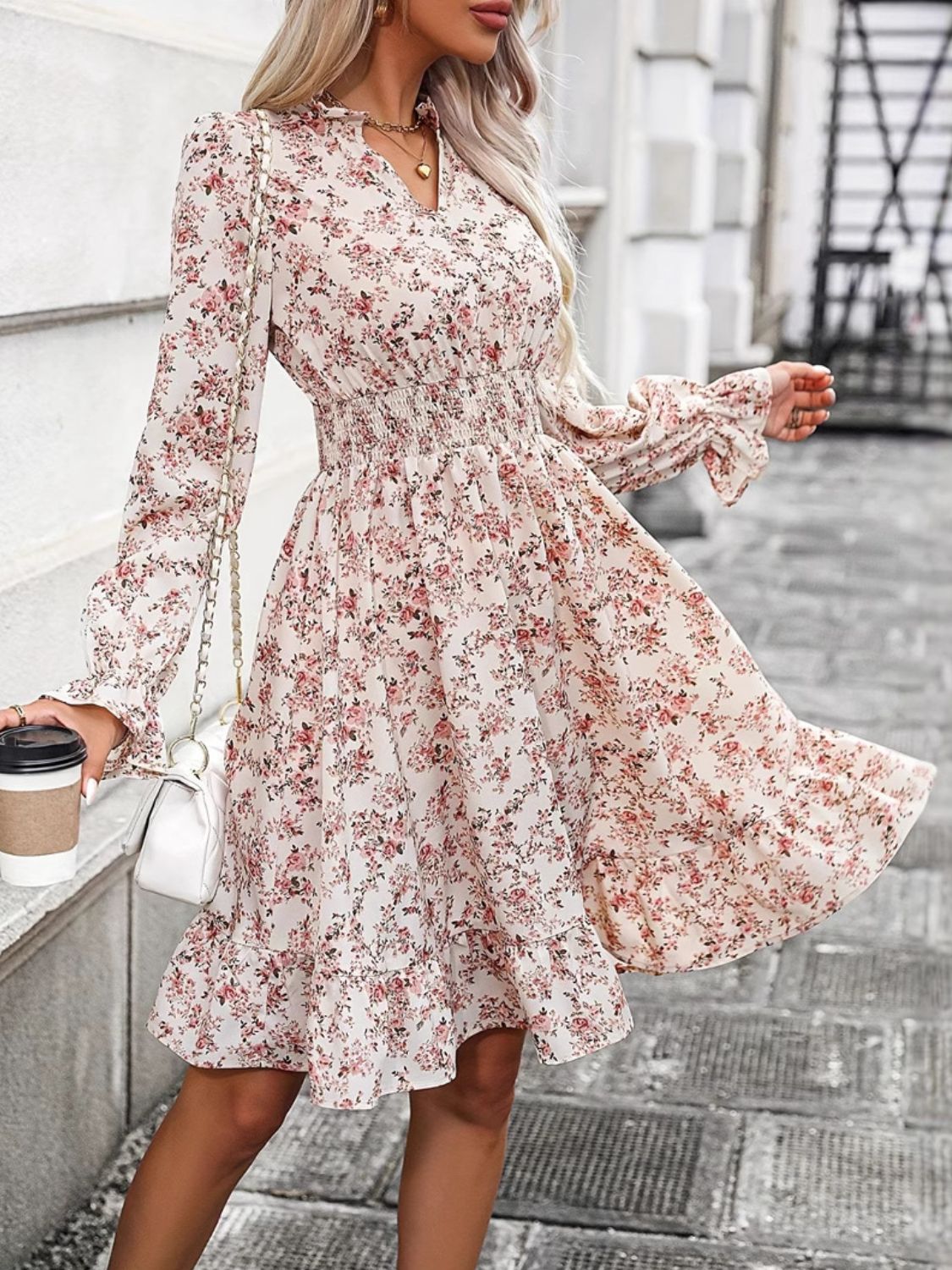 Ruffle Hem Floral Surplice Long Sleeve Dress - GirlyBayRuffle Hem Floral Surplice Long Sleeve Dress100100784547610SWatermelon pinkGirlyBayRuffle Hem Floral Surplice Long Sleeve Dress