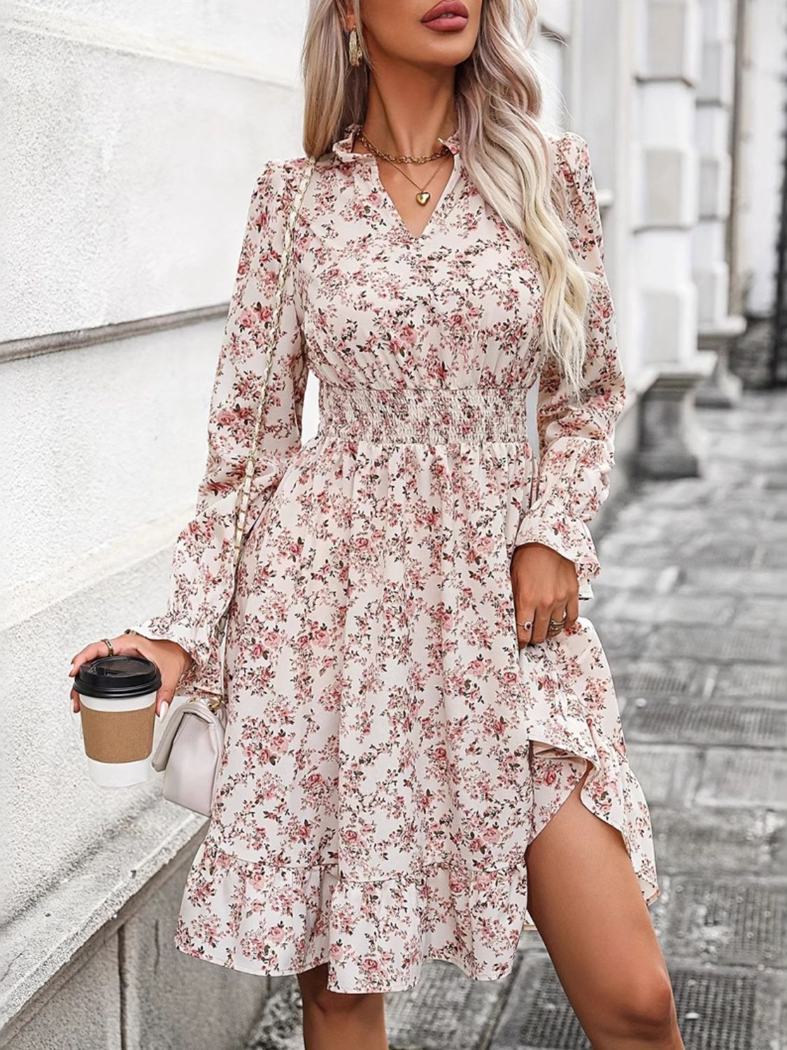 Ruffle Hem Floral Surplice Long Sleeve Dress - GirlyBayRuffle Hem Floral Surplice Long Sleeve Dress100100784547610SWatermelon pinkGirlyBayRuffle Hem Floral Surplice Long Sleeve Dress