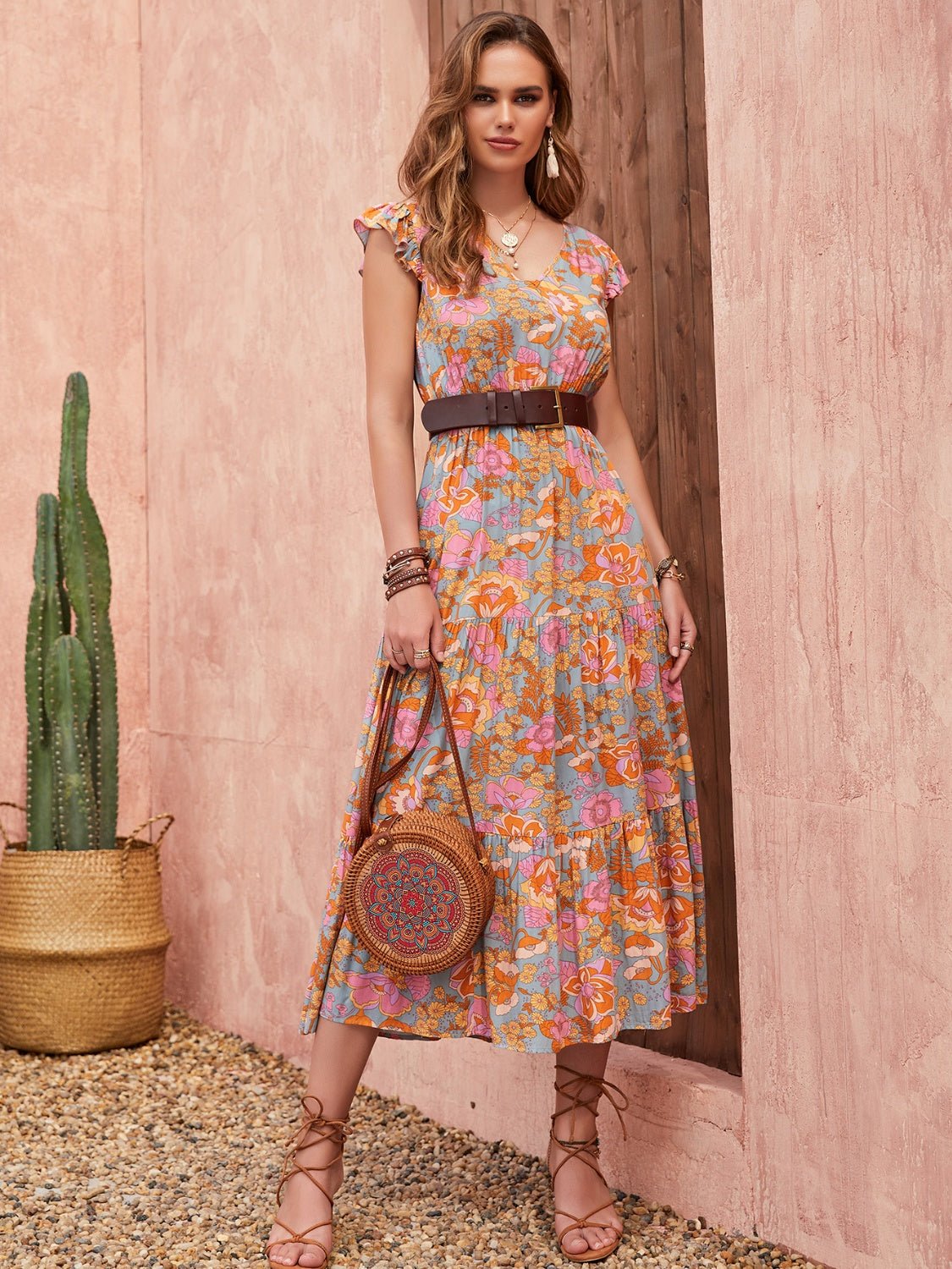 Ruffled Printed V - Neck Cap Sleeve Tiered Dress - GirlyBayMaxi DressesRuffled Printed V - Neck Cap Sleeve Tiered Dress100100545991677SMulticolorGirlyBayRuffled Printed V - Neck Cap Sleeve Tiered Dress