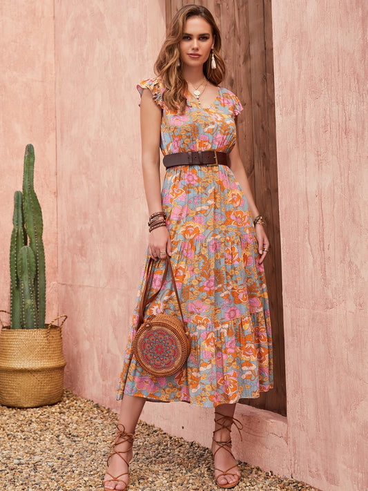 Ruffled Printed V - Neck Cap Sleeve Tiered Dress - GirlyBayMaxi DressesRuffled Printed V - Neck Cap Sleeve Tiered Dress100100545991677SMulticolorGirlyBayRuffled Printed V - Neck Cap Sleeve Tiered Dress