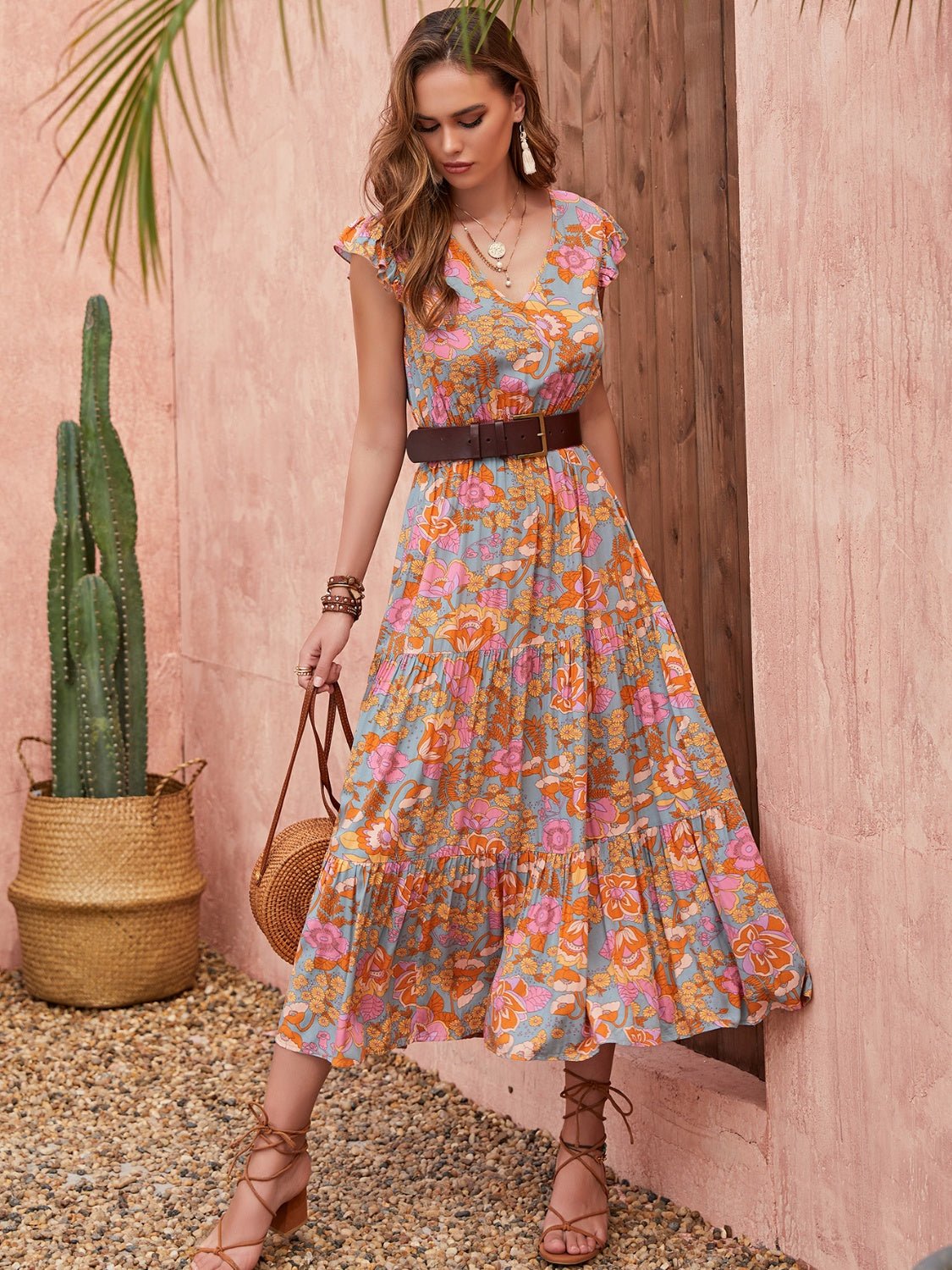 Ruffled Printed V - Neck Cap Sleeve Tiered Dress - GirlyBayMaxi DressesRuffled Printed V - Neck Cap Sleeve Tiered Dress100100545991677SMulticolorGirlyBayRuffled Printed V - Neck Cap Sleeve Tiered Dress