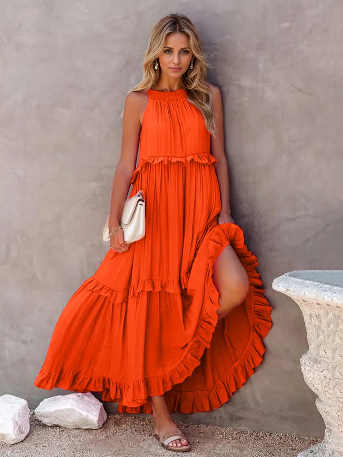 Ruffled Sleeveless Tiered Maxi Dress with Pockets - GirlyBayMaxi DressesRuffled Sleeveless Tiered Maxi Dress with Pockets100100788482624SOrange - RedGirlyBayRuffled Sleeveless Tiered Maxi Dress with Pockets