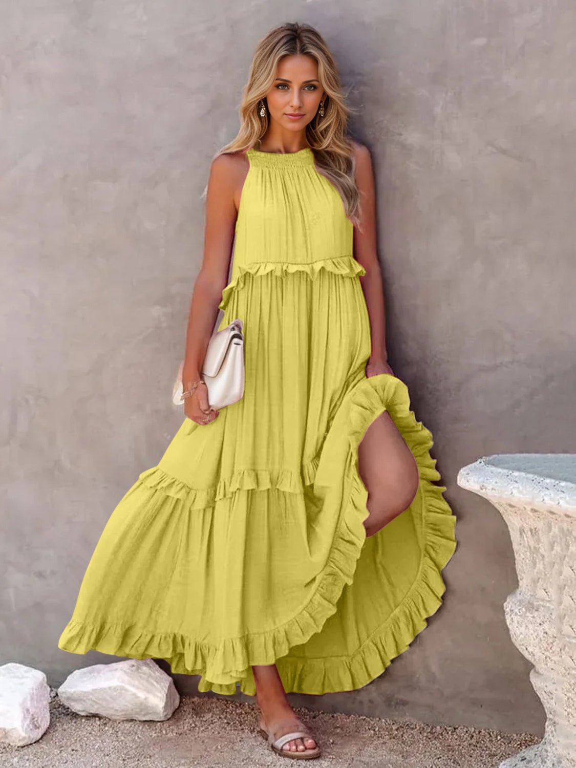 Ruffled Sleeveless Tiered Maxi Dress with Pockets - GirlyBayMaxi DressesRuffled Sleeveless Tiered Maxi Dress with Pockets100100788482673SChartreuseGirlyBayRuffled Sleeveless Tiered Maxi Dress with Pockets