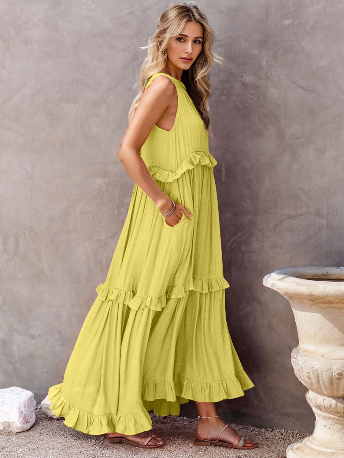 Ruffled Sleeveless Tiered Maxi Dress with Pockets - GirlyBayMaxi DressesRuffled Sleeveless Tiered Maxi Dress with Pockets100100788482673SChartreuseGirlyBayRuffled Sleeveless Tiered Maxi Dress with Pockets