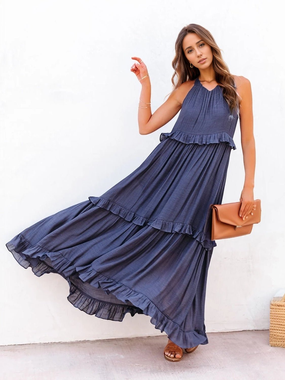 Ruffled Sleeveless Tiered Maxi Dress with Pockets - GirlyBayMaxi DressesRuffled Sleeveless Tiered Maxi Dress with Pockets100100788483051SDark BlueGirlyBayRuffled Sleeveless Tiered Maxi Dress with Pockets