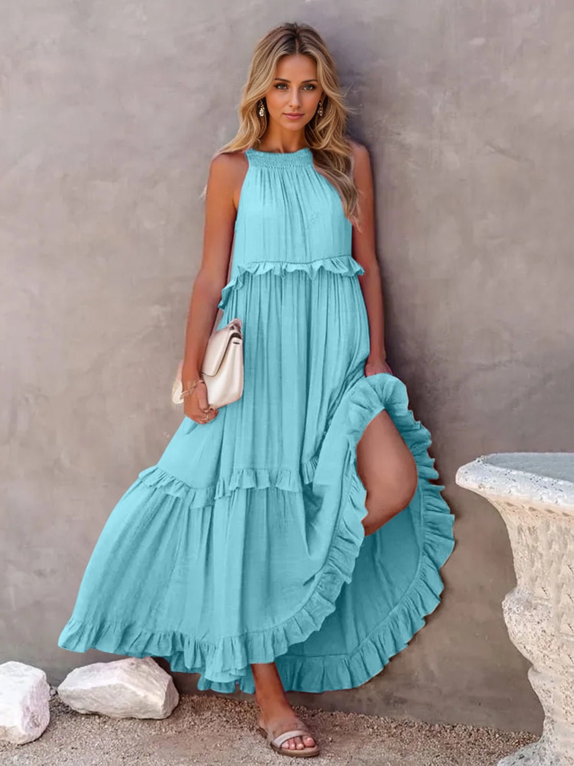 Ruffled Sleeveless Tiered Maxi Dress with Pockets - GirlyBayMaxi DressesRuffled Sleeveless Tiered Maxi Dress with Pockets100100788485705SSky BlueGirlyBayRuffled Sleeveless Tiered Maxi Dress with Pockets