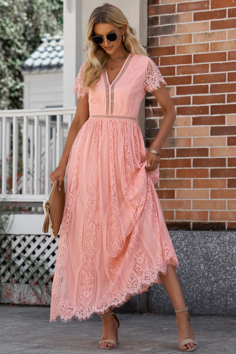 Scalloped Trim Lace Plunge Dress - GirlyBayCocktail DressesScalloped Trim Lace Plunge Dress100100898745758SCoralGirlyBayScalloped Trim Lace Plunge Dress