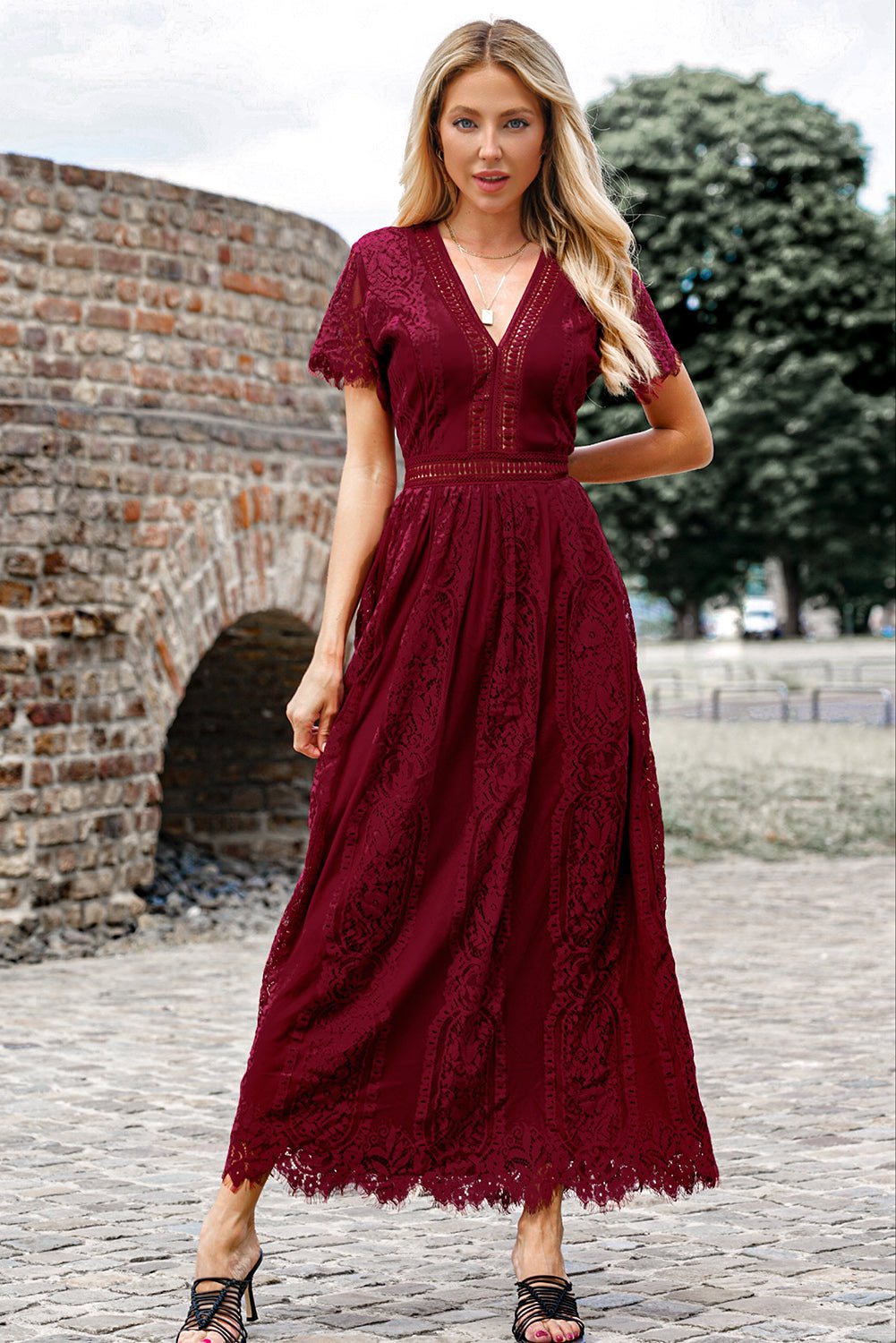 Scalloped Trim Lace Plunge Dress - GirlyBayCocktail DressesScalloped Trim Lace Plunge Dress100100898748757SWineGirlyBayScalloped Trim Lace Plunge Dress