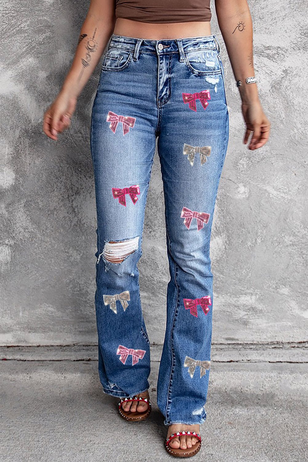 Sequin Bow Distressed Bootcut JeansJeans & DenimTrendsiGirlyBay