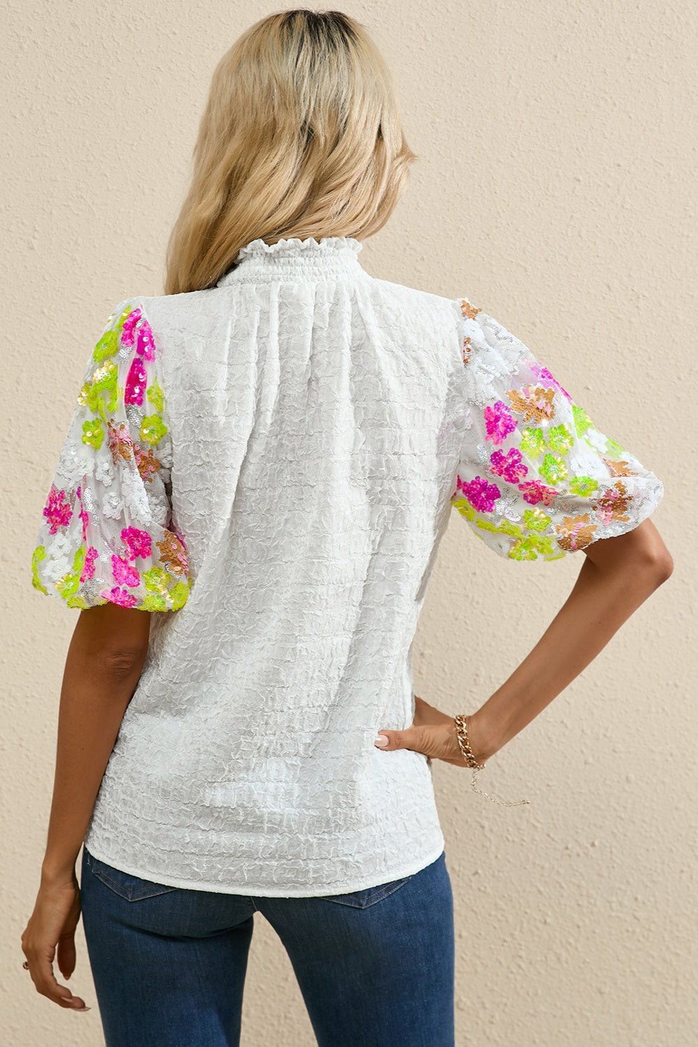 Sequin Flower Mock Neck Half Sleeve Blouse - GirlyBayShirtSequin Flower Mock Neck Half Sleeve Blouse100100164741031SWhiteGirlyBaySequin Flower Mock Neck Half Sleeve Blouse