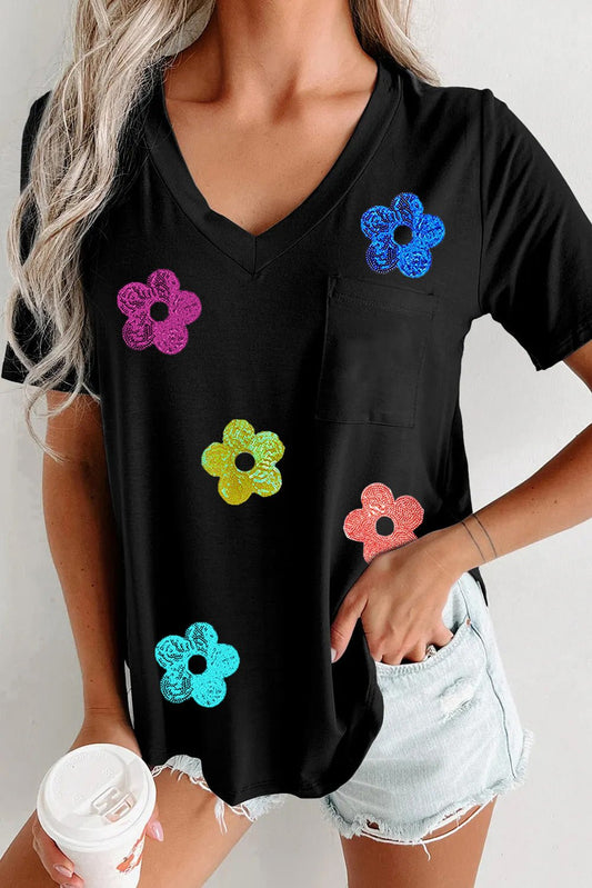 Sequin Flower V - Neck Short Sleeve T-Shirt - GirlyBaySequin Flower V - Neck Short Sleeve T-Shirt100100445671620SBlackGirlyBaySequin Flower V - Neck Short Sleeve T-Shirt