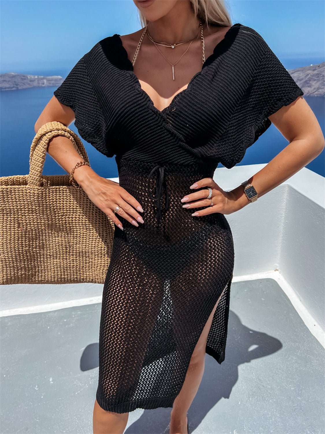 Slit Surplice Cap Sleeve Cover UpCover UpsTrendsiGirlyBay100100995349311BlackA@Y@MS100100995349311