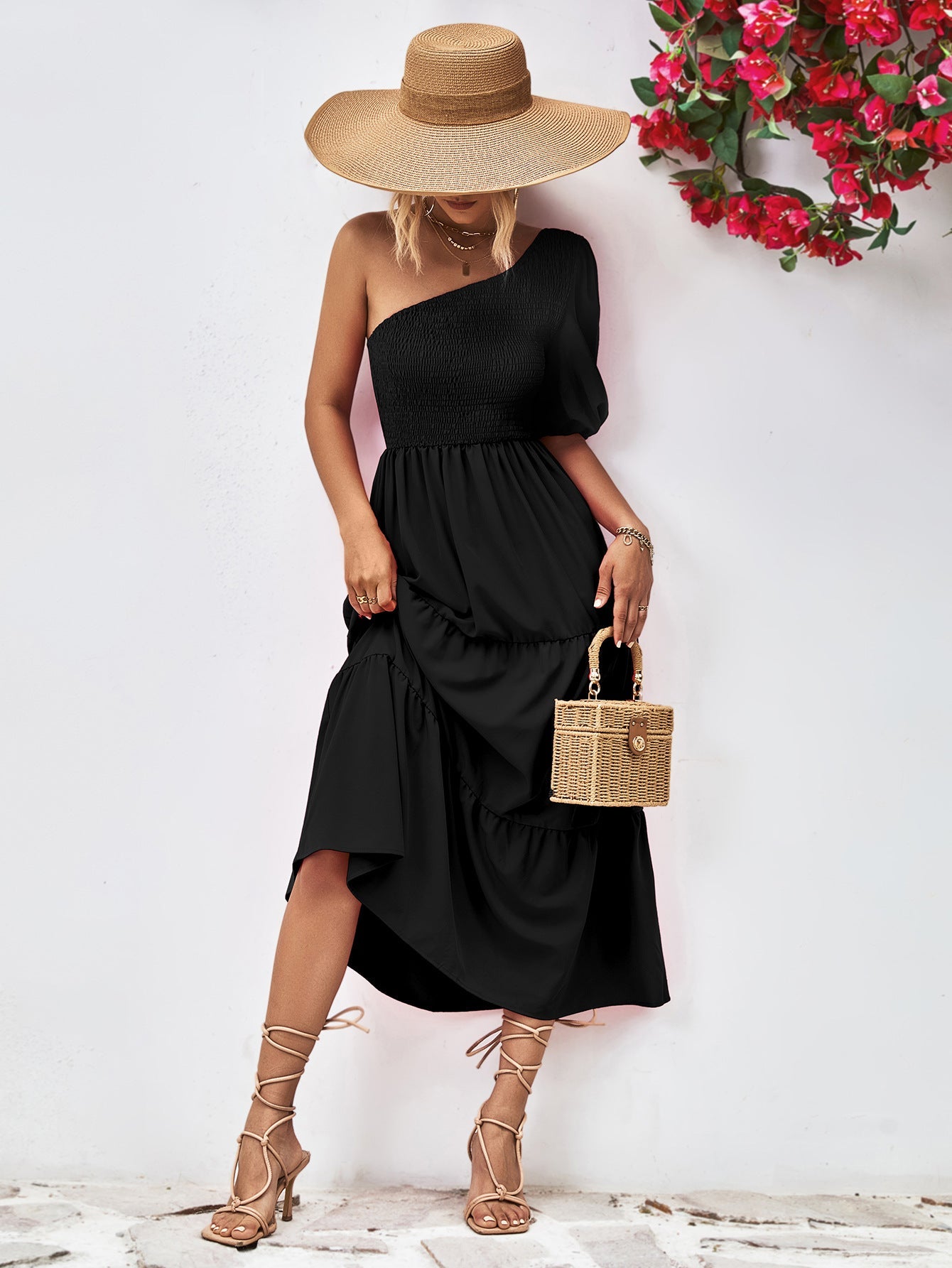 Smocked One - Shoulder Midi Dress - GirlyBayCocktail DressesSmocked One - Shoulder Midi Dress100100373132315SBlackGirlyBaySmocked One - Shoulder Midi Dress
