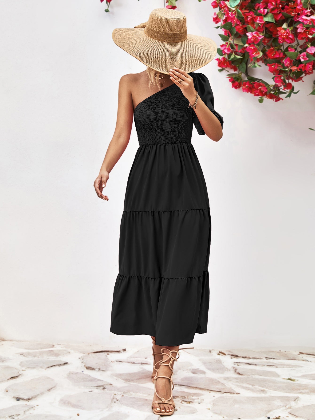 Smocked One - Shoulder Midi Dress - GirlyBayCocktail DressesSmocked One - Shoulder Midi Dress100100373132315SBlackGirlyBaySmocked One - Shoulder Midi Dress