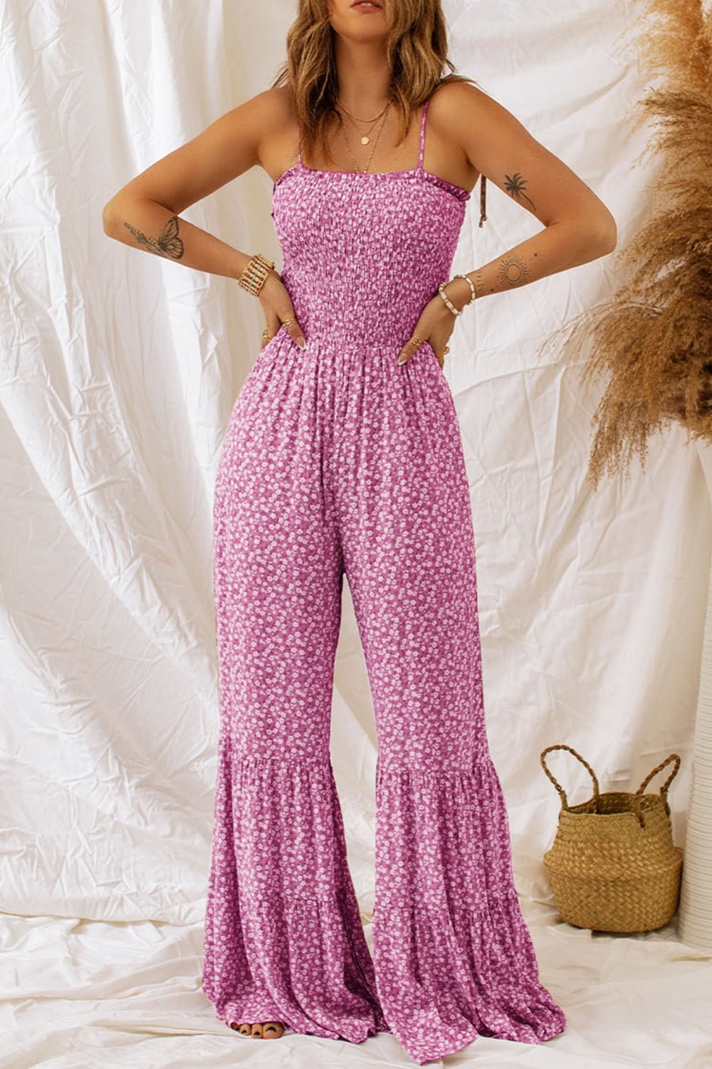 Smocked Printed Wide Strap Jumpsuit - GirlyBayJumpsuits & RompersSmocked Printed Wide Strap Jumpsuit100100933205468SHot PinkGirlyBaySmocked Printed Wide Strap Jumpsuit