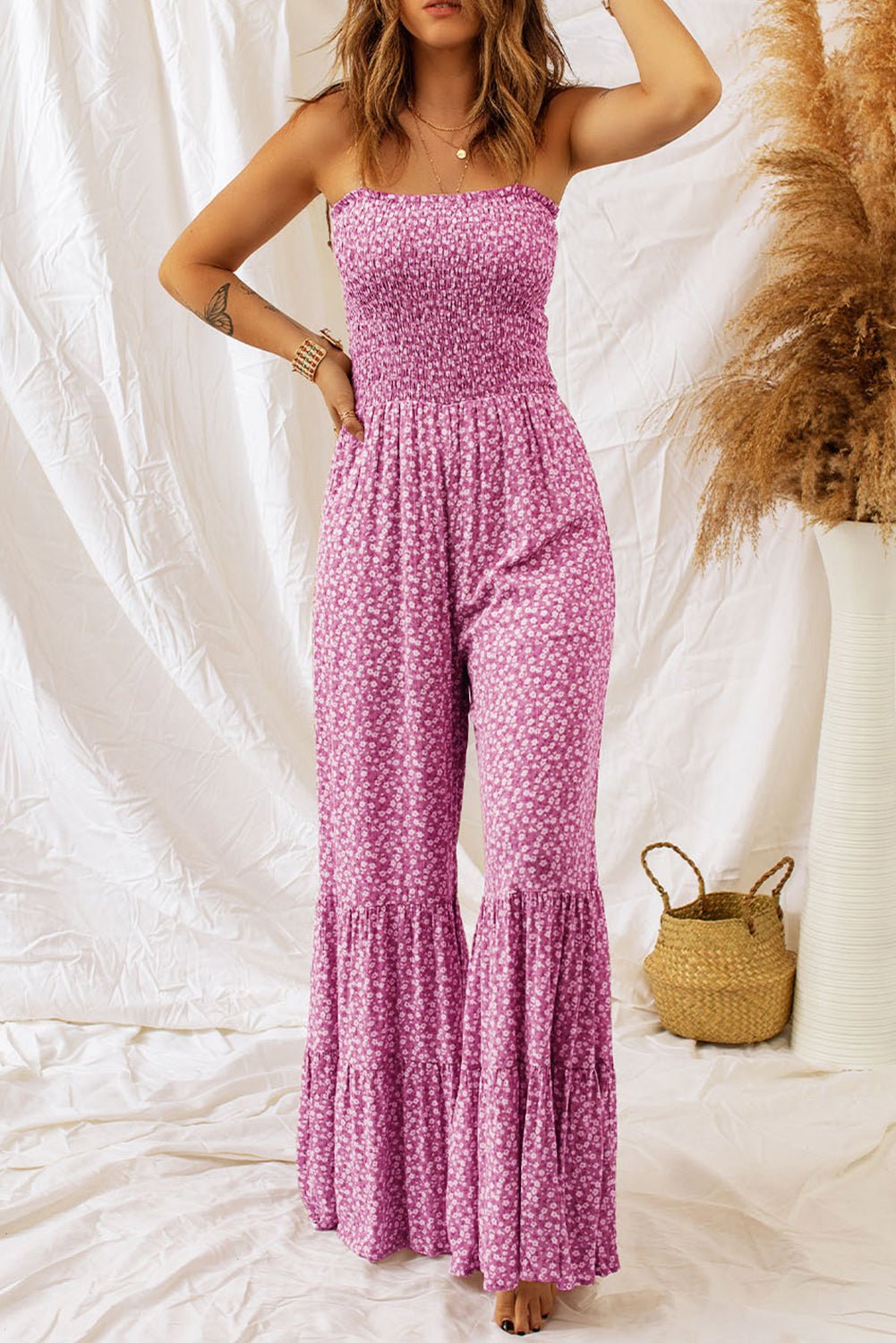 Smocked Printed Wide Strap Jumpsuit - GirlyBayJumpsuits & RompersSmocked Printed Wide Strap Jumpsuit100100933205468SHot PinkGirlyBaySmocked Printed Wide Strap Jumpsuit