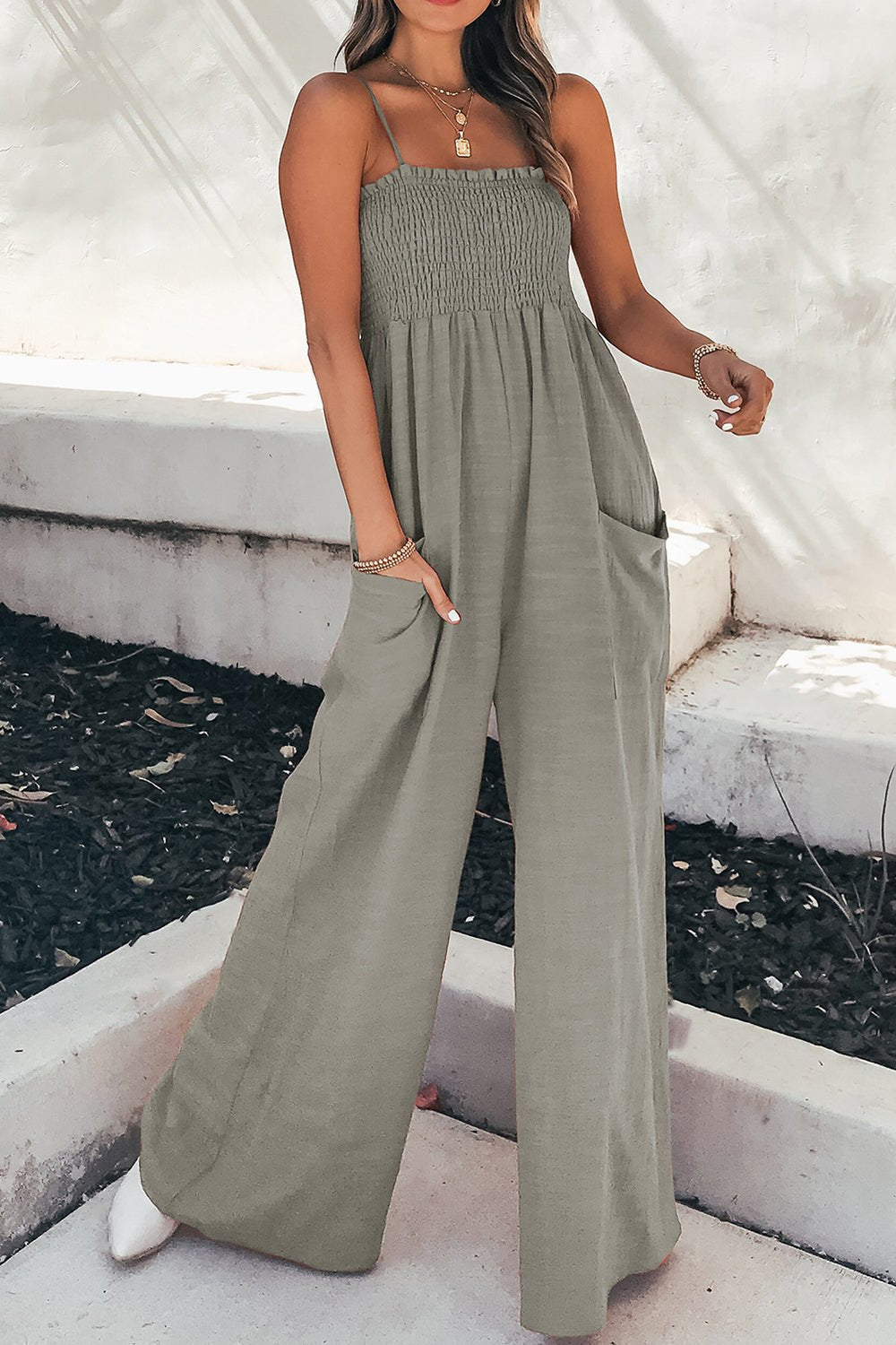 Smocked Spaghetti Strap Wide Leg Jumpsuit - GirlyBayJumpsuits & RompersSmocked Spaghetti Strap Wide Leg Jumpsuit100100627711391SGrayGirlyBaySmocked Spaghetti Strap Wide Leg Jumpsuit