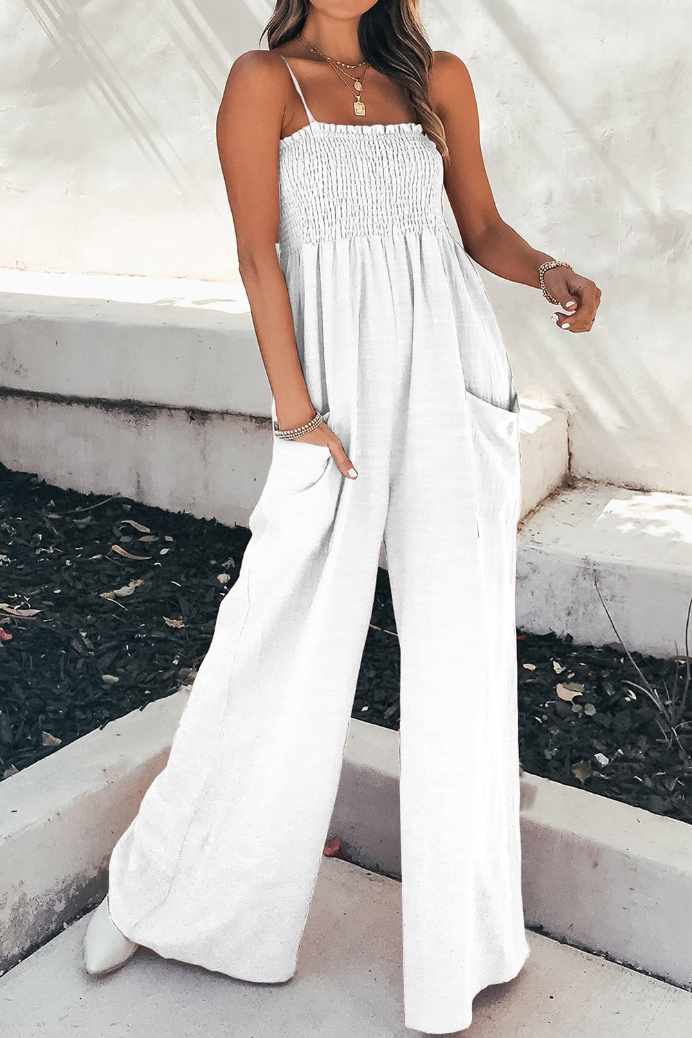 Smocked Spaghetti Strap Wide Leg Jumpsuit - GirlyBayJumpsuits & RompersSmocked Spaghetti Strap Wide Leg Jumpsuit100100627711647SWhiteGirlyBaySmocked Spaghetti Strap Wide Leg Jumpsuit