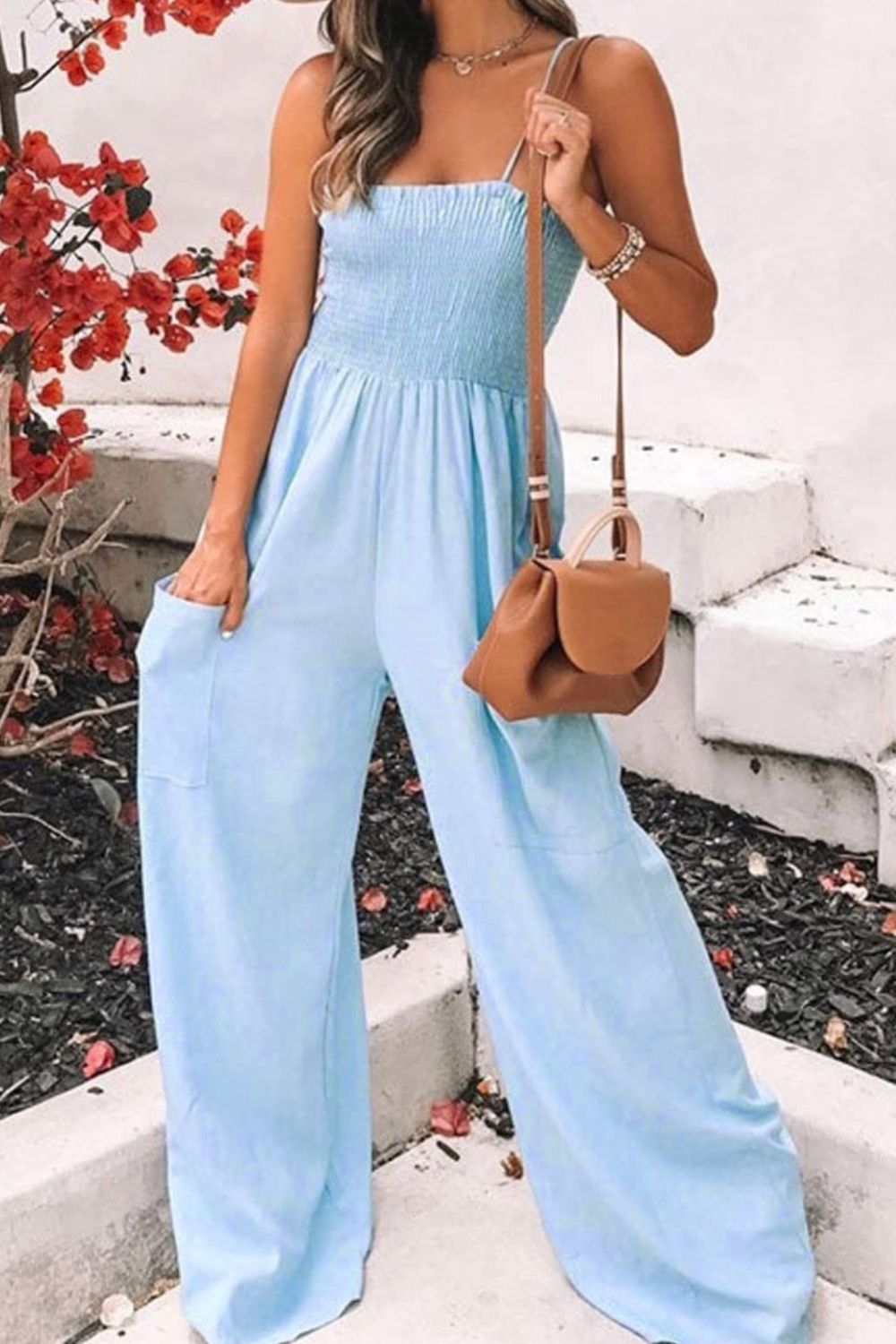 Smocked Spaghetti Strap Wide Leg Jumpsuit - GirlyBayJumpsuits & RompersSmocked Spaghetti Strap Wide Leg Jumpsuit100100627711702SLight BlueGirlyBaySmocked Spaghetti Strap Wide Leg Jumpsuit
