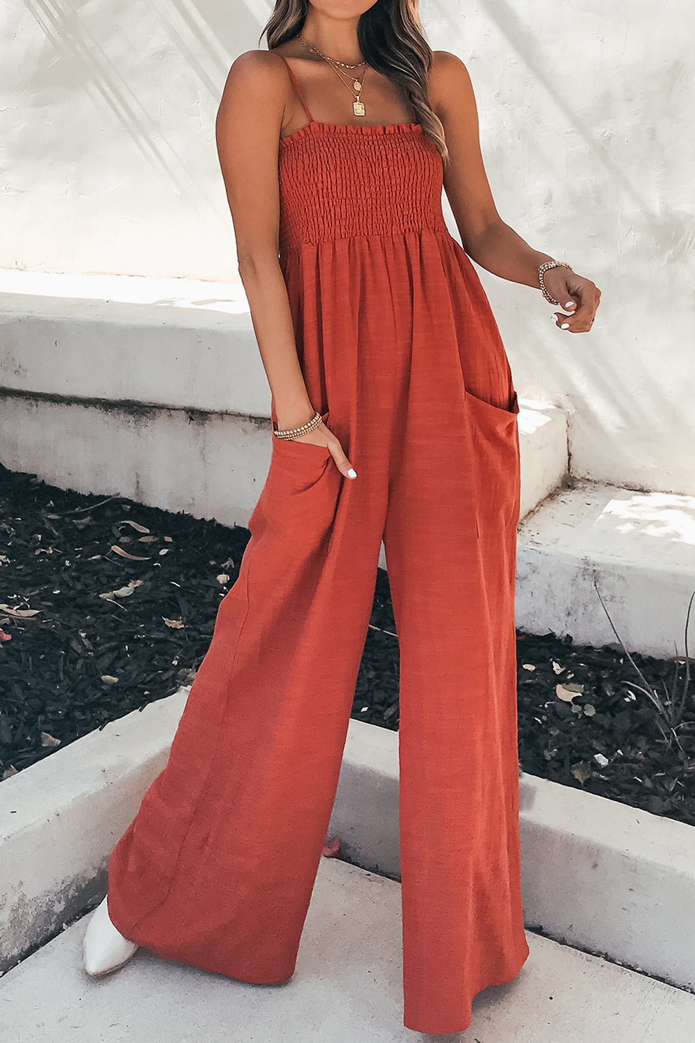 Smocked Spaghetti Strap Wide Leg Jumpsuit - GirlyBayJumpsuits & RompersSmocked Spaghetti Strap Wide Leg Jumpsuit100100627715823SOrange - RedGirlyBaySmocked Spaghetti Strap Wide Leg Jumpsuit