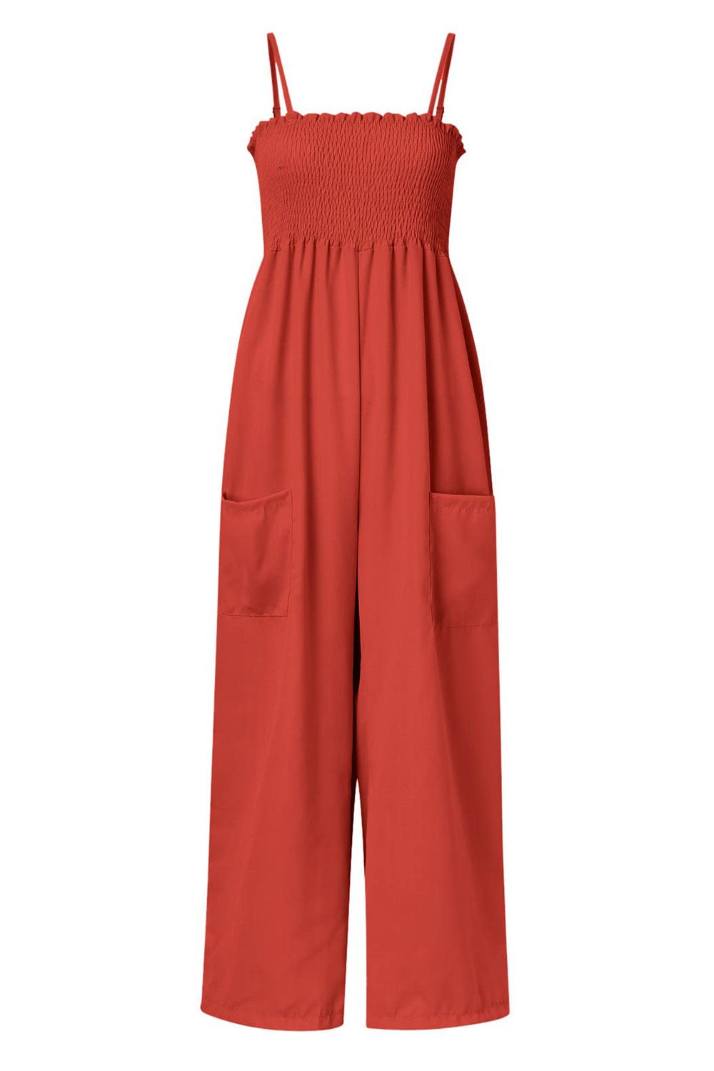 Smocked Spaghetti Strap Wide Leg Jumpsuit - GirlyBayJumpsuits & RompersSmocked Spaghetti Strap Wide Leg Jumpsuit100100627715823SOrange - RedGirlyBaySmocked Spaghetti Strap Wide Leg Jumpsuit
