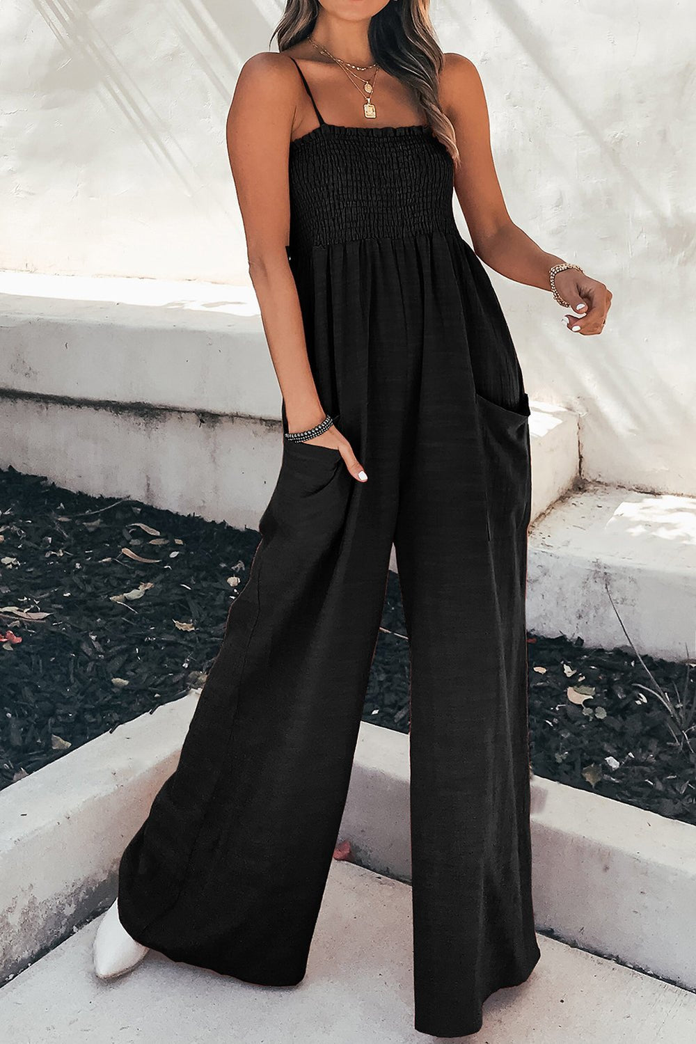 Smocked Spaghetti Strap Wide Leg Jumpsuit - GirlyBayJumpsuits & RompersSmocked Spaghetti Strap Wide Leg Jumpsuit100100627719665SBlackGirlyBaySmocked Spaghetti Strap Wide Leg Jumpsuit
