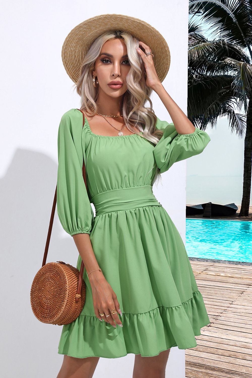 Square Neck Tie Back Ruffle Hem DressCasual DressesTrendsiGirlyBay100100027268655Light GreenSB&SShip From Overseas