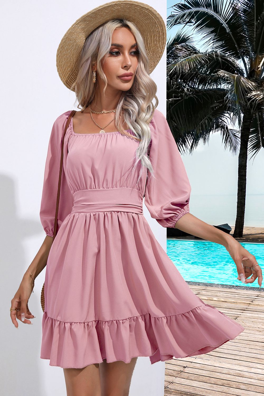 Square Neck Tie Back Ruffle Hem DressCasual DressesTrendsiGirlyBay100100027269436Blush PinkSB&SShip From Overseas
