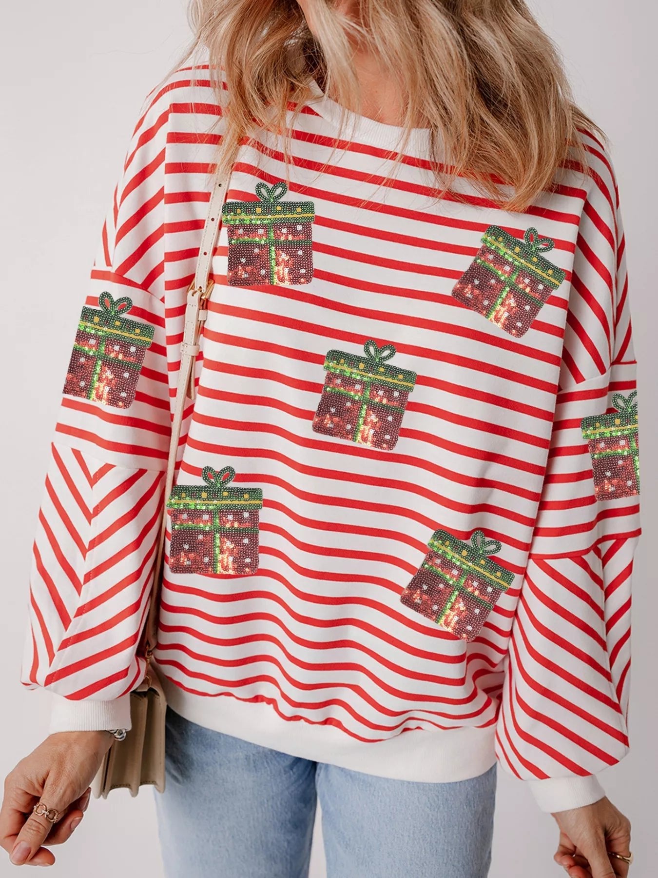 Stripe Sequin Christmas Gift Patched Drop Shoulder SweatshirtLoungewear & UnderwearGirly BayGirlyBay