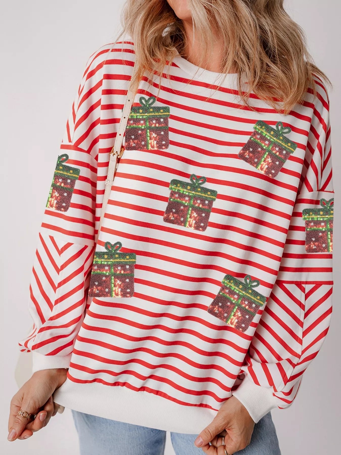 Stripe Sequin Christmas Gift Patched Drop Shoulder SweatshirtLoungewear & UnderwearGirly BayGirlyBay