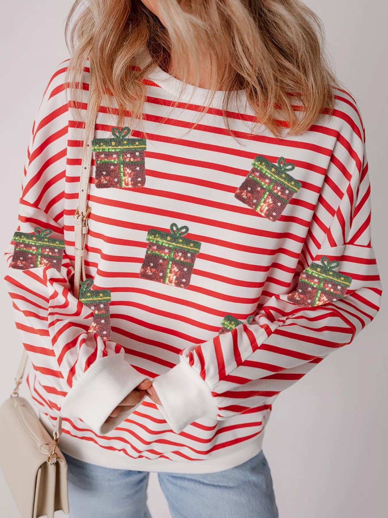 Stripe Sequin Christmas Gift Patched Drop Shoulder SweatshirtLoungewear & UnderwearGirly BayGirlyBay100100466798743Burnt CoralM