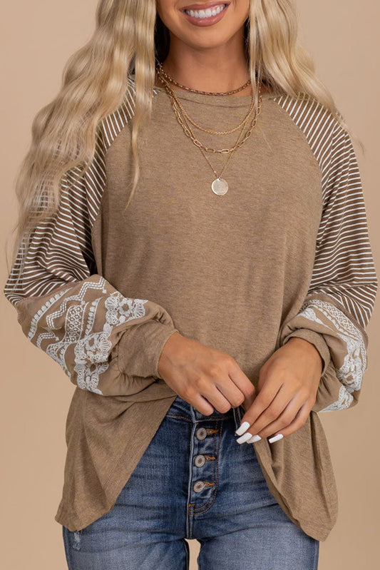 Striped Round Neck Long Sleeve Blouse - GirlyBayStriped Round Neck Long Sleeve Blouse100101536927602SKhakiGirlyBayStriped Round Neck Long Sleeve Blouse