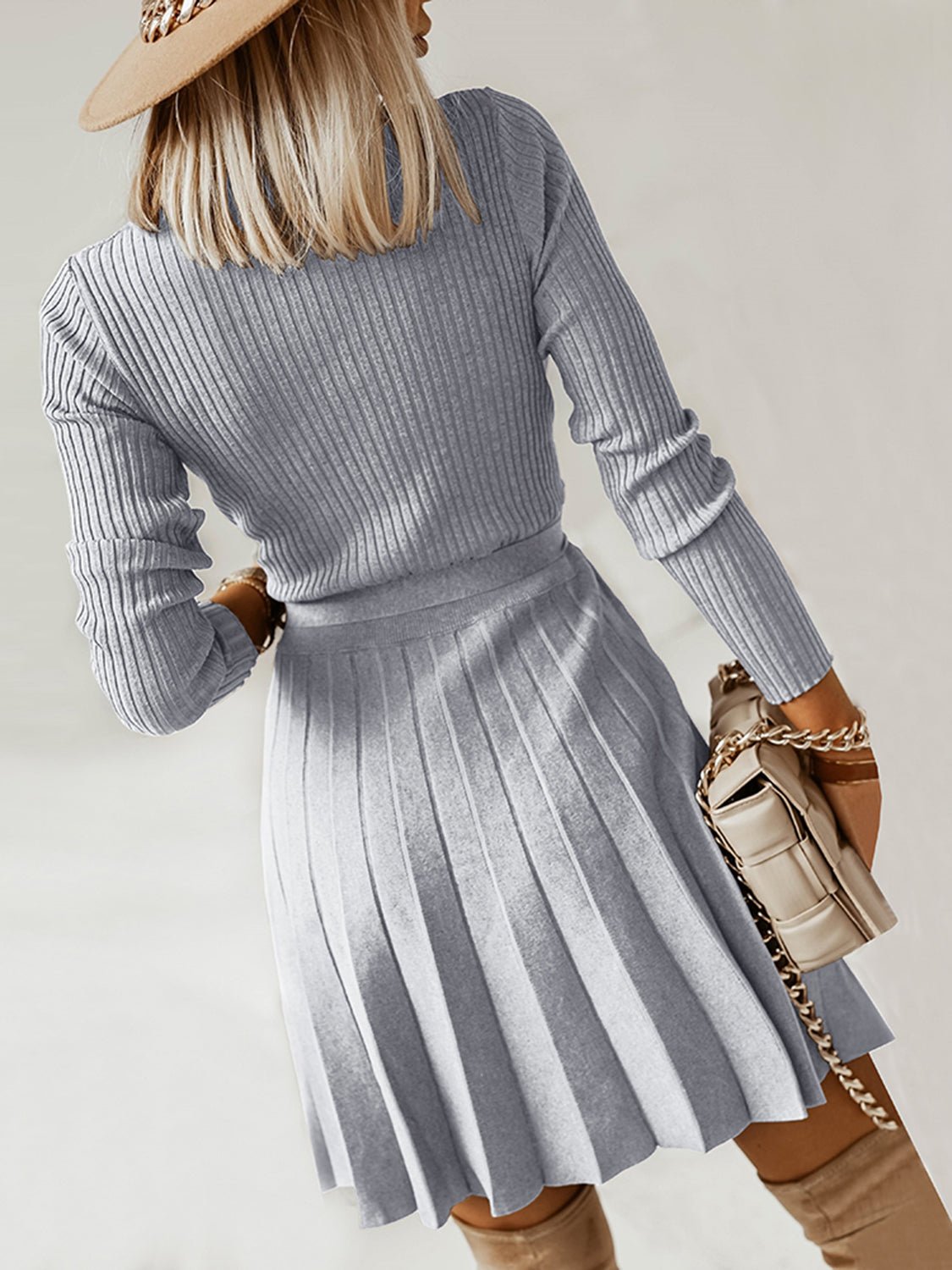 Surplice Neck Tie Front Pleated Sweater Dress - GirlyBaySurplice Neck Tie Front Pleated Sweater Dress100100850550522SDark GrayGirlyBaySurplice Neck Tie Front Pleated Sweater Dress