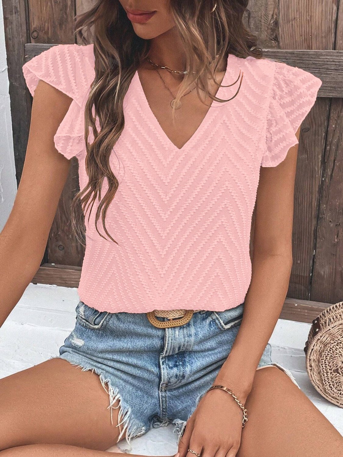 Textured V - Neck Cap Sleeve Blouse - GirlyBayShirtTextured V - Neck Cap Sleeve Blouse100100763195886SBlush PinkGirlyBayTextured V - Neck Cap Sleeve Blouse