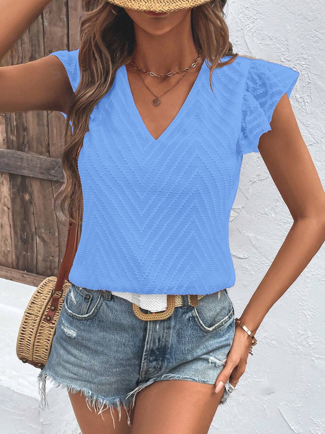 Textured V - Neck Cap Sleeve Blouse - GirlyBayShirtTextured V - Neck Cap Sleeve Blouse100100763199003SSky BlueGirlyBayTextured V - Neck Cap Sleeve Blouse