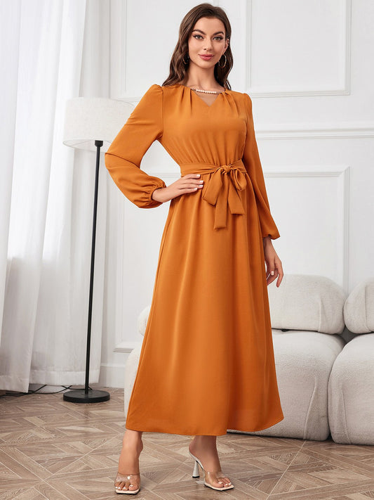 Tie Waist Puff Sleeve Maxi Dress - GirlyBayTie Waist Puff Sleeve Maxi Dress100101608148594SPumpkinGirlyBayTie Waist Puff Sleeve Maxi Dress