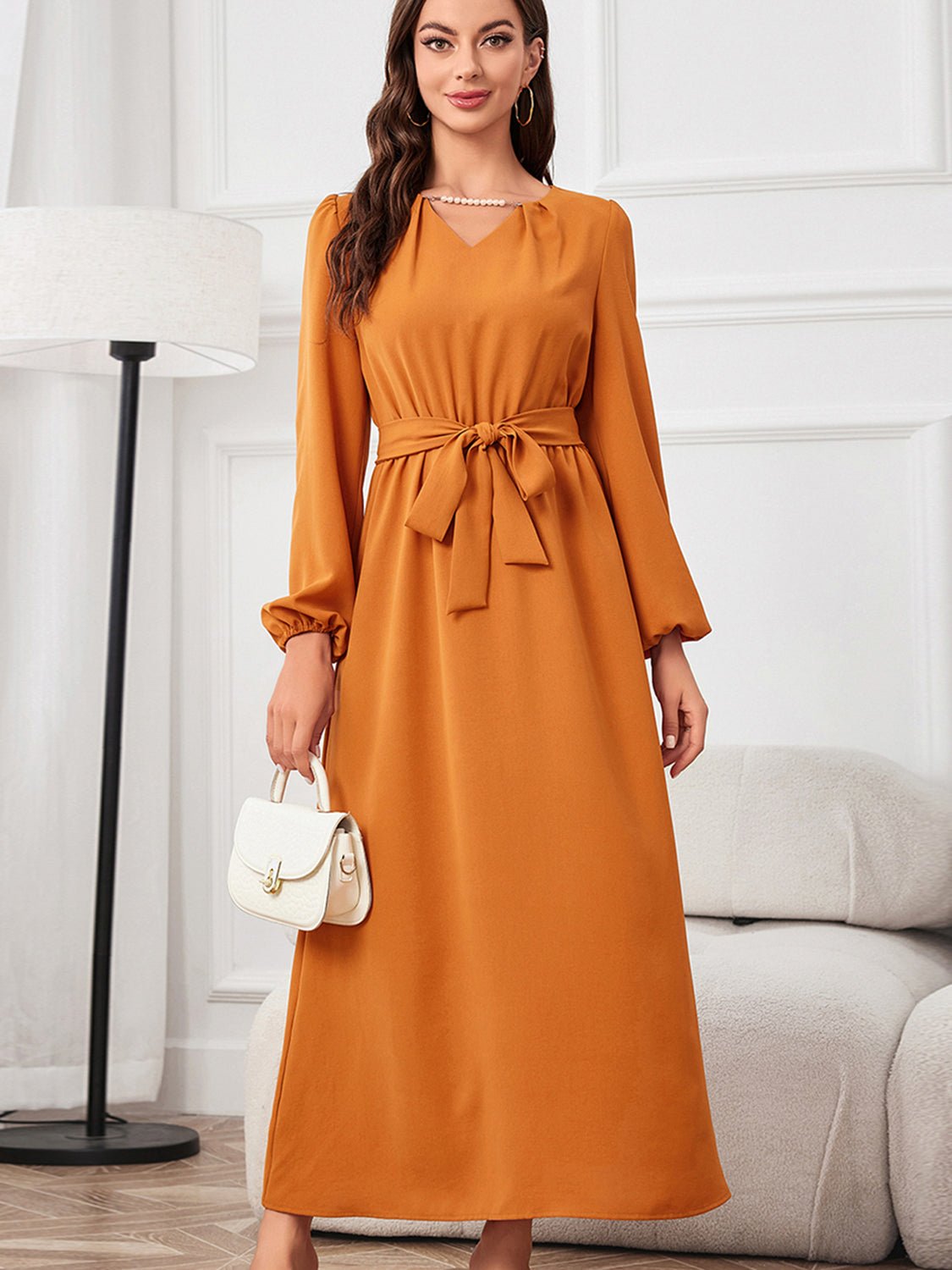 Tie Waist Puff Sleeve Maxi Dress - GirlyBayTie Waist Puff Sleeve Maxi Dress100101608148594SPumpkinGirlyBayTie Waist Puff Sleeve Maxi Dress