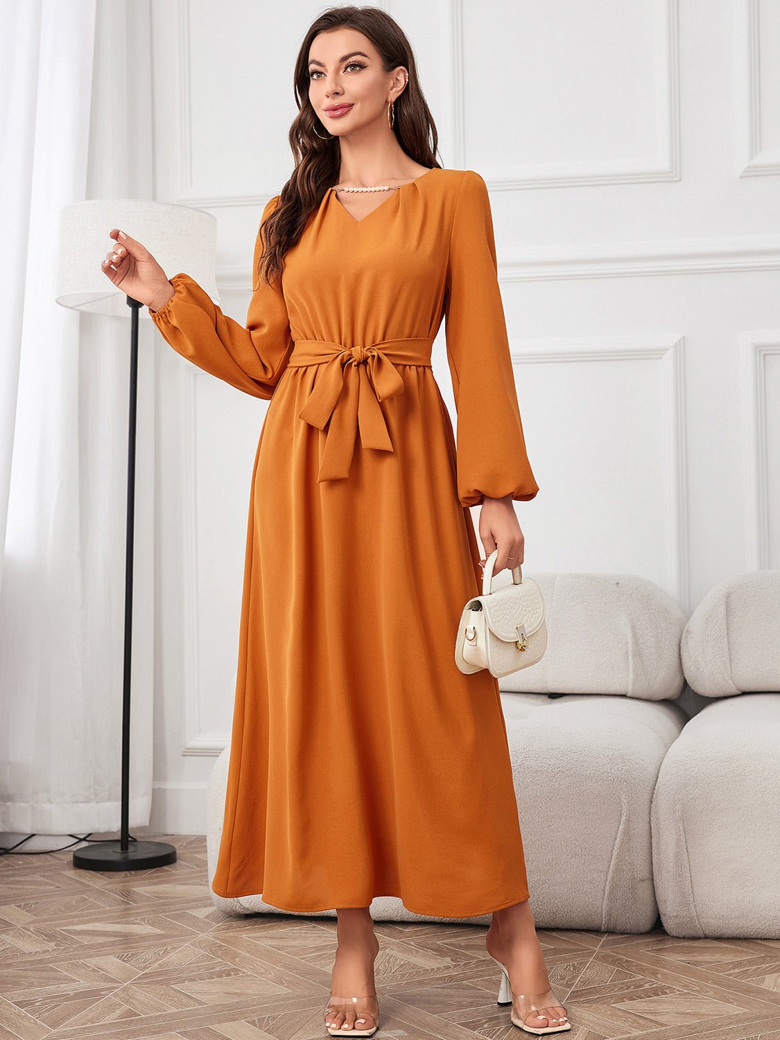 Tie Waist Puff Sleeve Maxi Dress - GirlyBayTie Waist Puff Sleeve Maxi Dress100101608148594SPumpkinGirlyBayTie Waist Puff Sleeve Maxi Dress