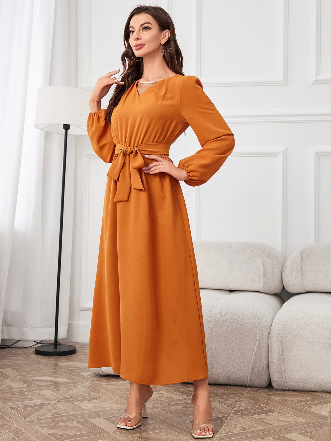 Tie Waist Puff Sleeve Maxi Dress - GirlyBayTie Waist Puff Sleeve Maxi Dress100101608148594SPumpkinGirlyBayTie Waist Puff Sleeve Maxi Dress